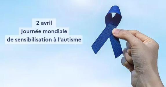 affiche avril en bleu, ruban bleu tenu par une main